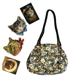 VTG ARTIFACTS HANDMADE CATS CROSSBODY BAG SILK KITTY CATS LOVER EMBELLISHED RARE